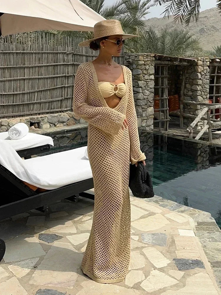 Sexy U-neck Bell Sleeve Knit Maxi Dress Women's Swimwear Bikini Cover-ups  Crochet Beach Outfit