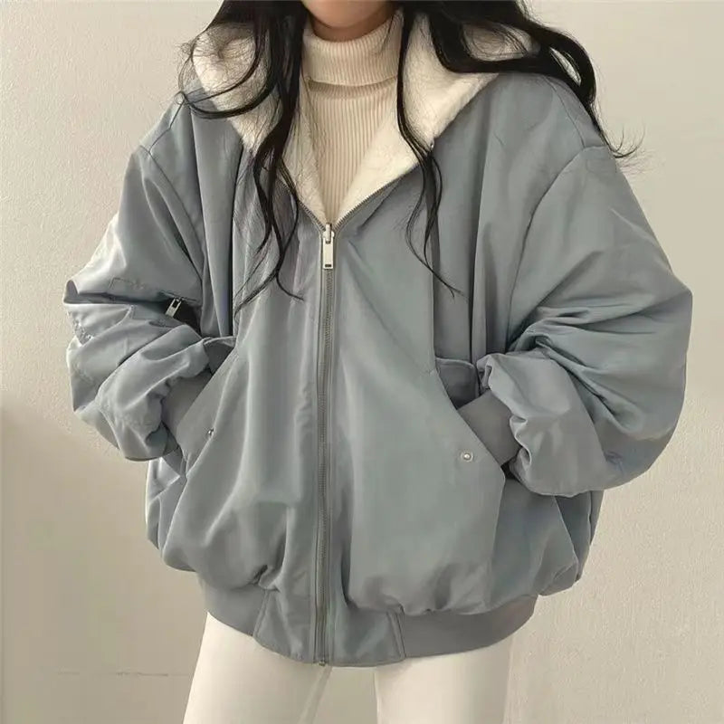 Casual Thicken Double Sided Jackets Coat Hooded Loose Zip Up Jackets Solid Simple Niche Versatile Coat