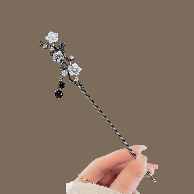 Modern Hair Stick Ink Flower Metal Tassel Hairpin Forks For Women  Beads Fringe Hair Clasp