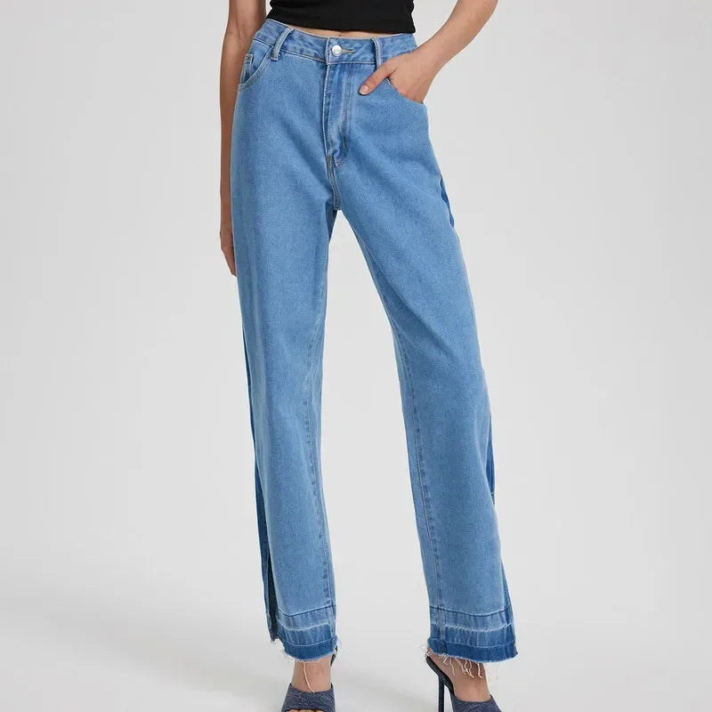Women High Rise Slit Jeans Straight Wide Leg Loose Denim  Trousers Streetwear