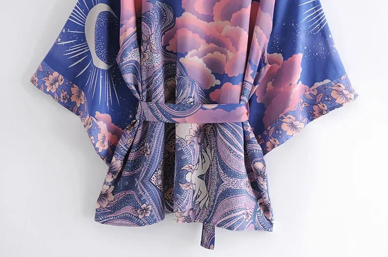 Boho Queens Vintage Star and Moon Floral Print Women's Bohemian V Neck Batwing Sleeves Kimono