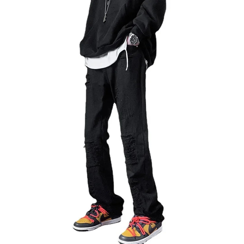 Fashion Stretch Patch Jeans Patchwork Creative Tassels Decoration Straight Denim Trousers  Jean Pants