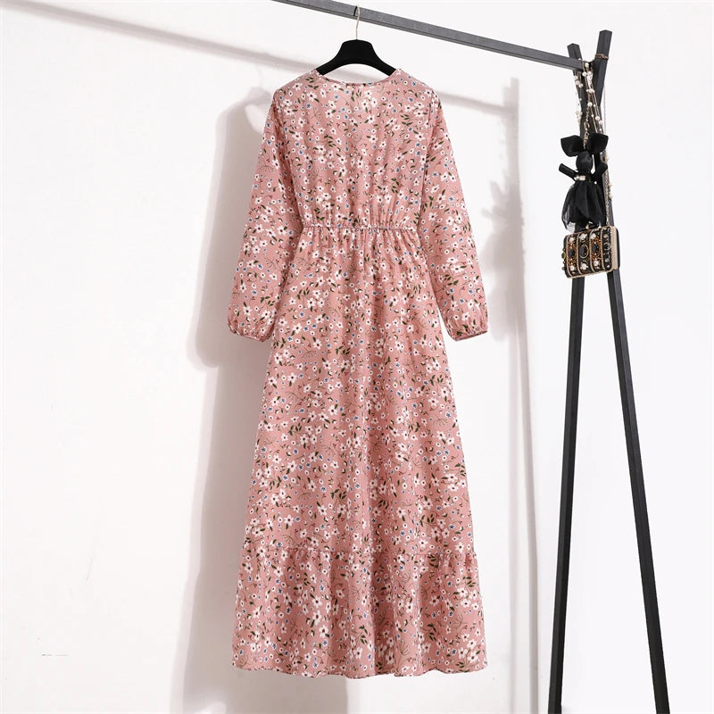 Spring Summer Women Maxi Dresses Casual Full Sleeve Floral Printed O-neck Woman Boho Beach Party Long Dress