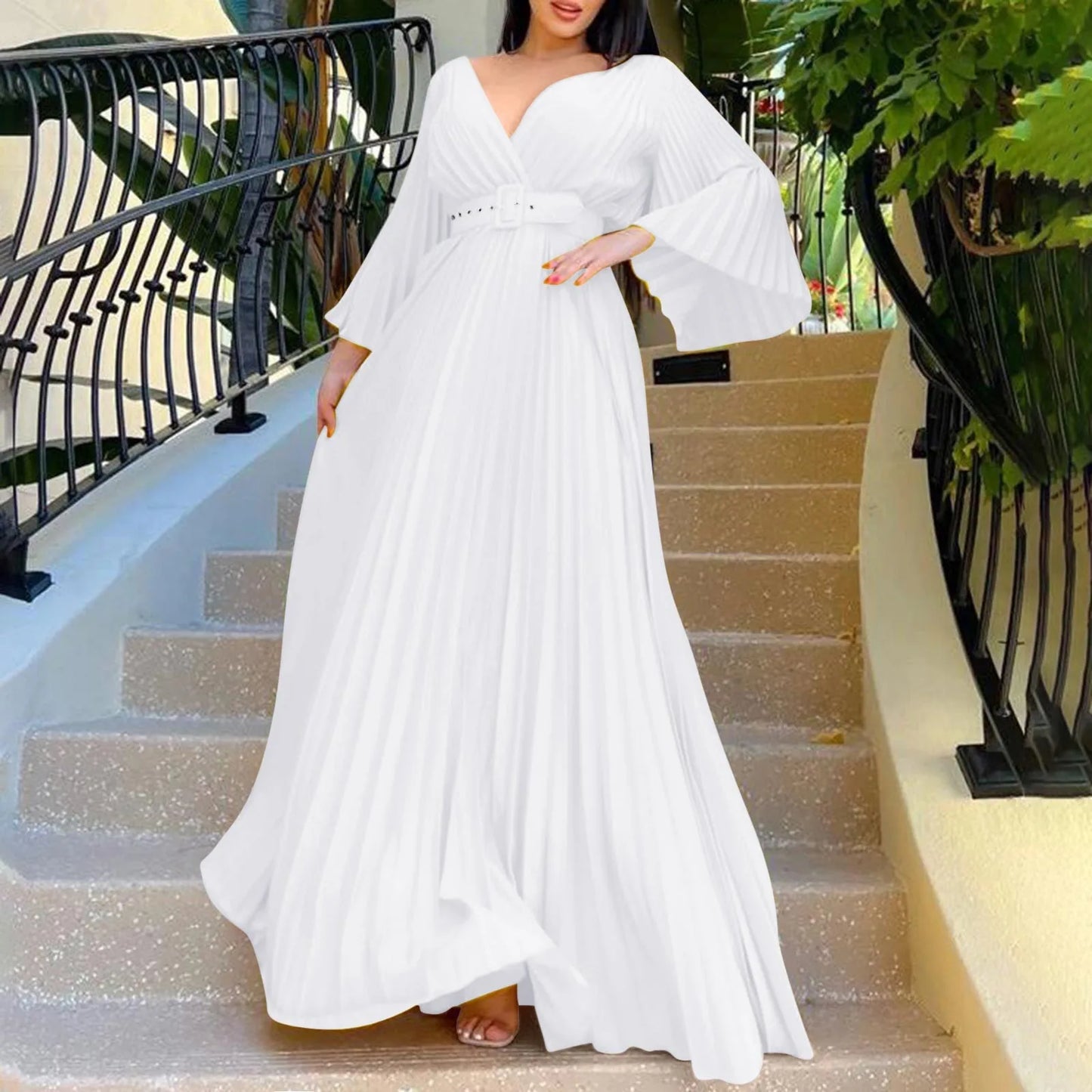 Women's Elegant Evening Dress Deep V Neck Flare Sleeve Pleated Prom Dress With Belt Formal Dresses For Women