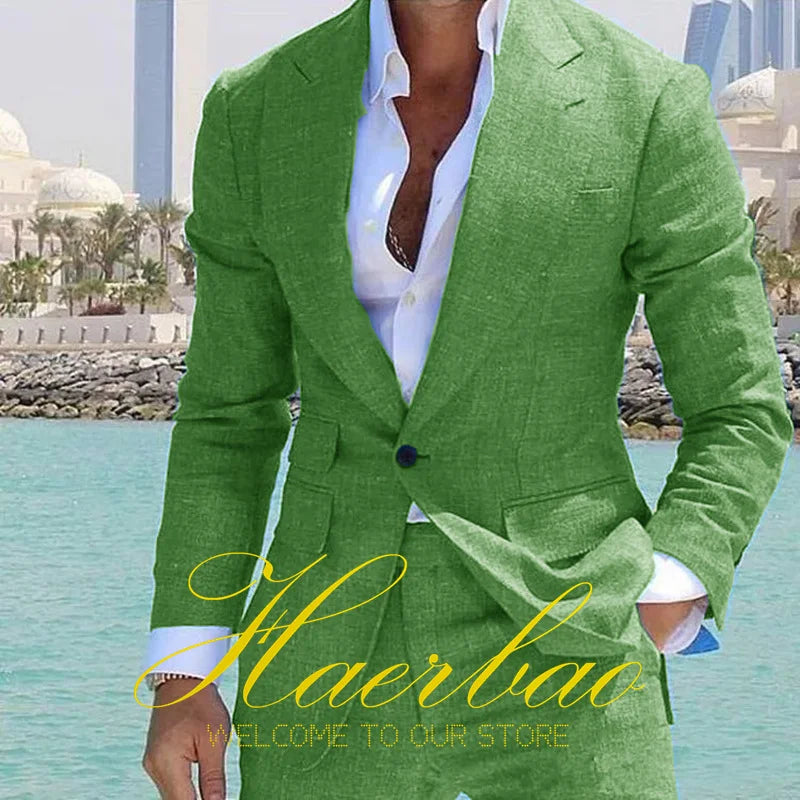 Summer Men's Linen Suit Set of 2 Wedding Groom Tuxedo Formal Lapel Jacket Pants Fashion Tailored Blazer for Men