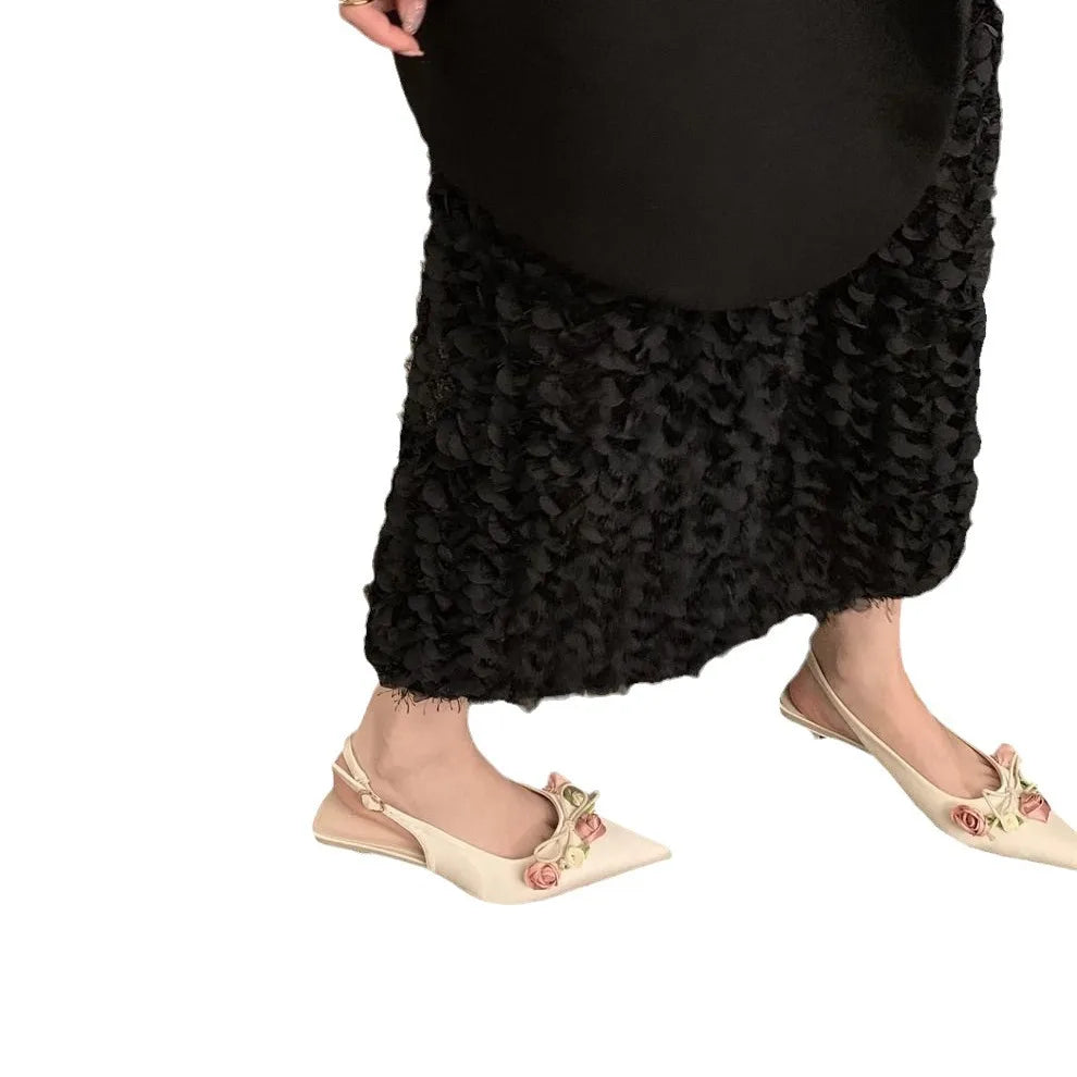 French Style Matching Skirt with High Heels Shoes Exquisite Sandals Flower Decoration Elegant Sandals