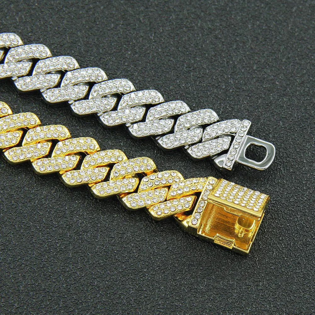 14MM 2 Row Rhinestone Paved Miami Rhombus Cuban Chain Men Women Prong Cuban Link Chain Bracelet Iced Out men Jewelry