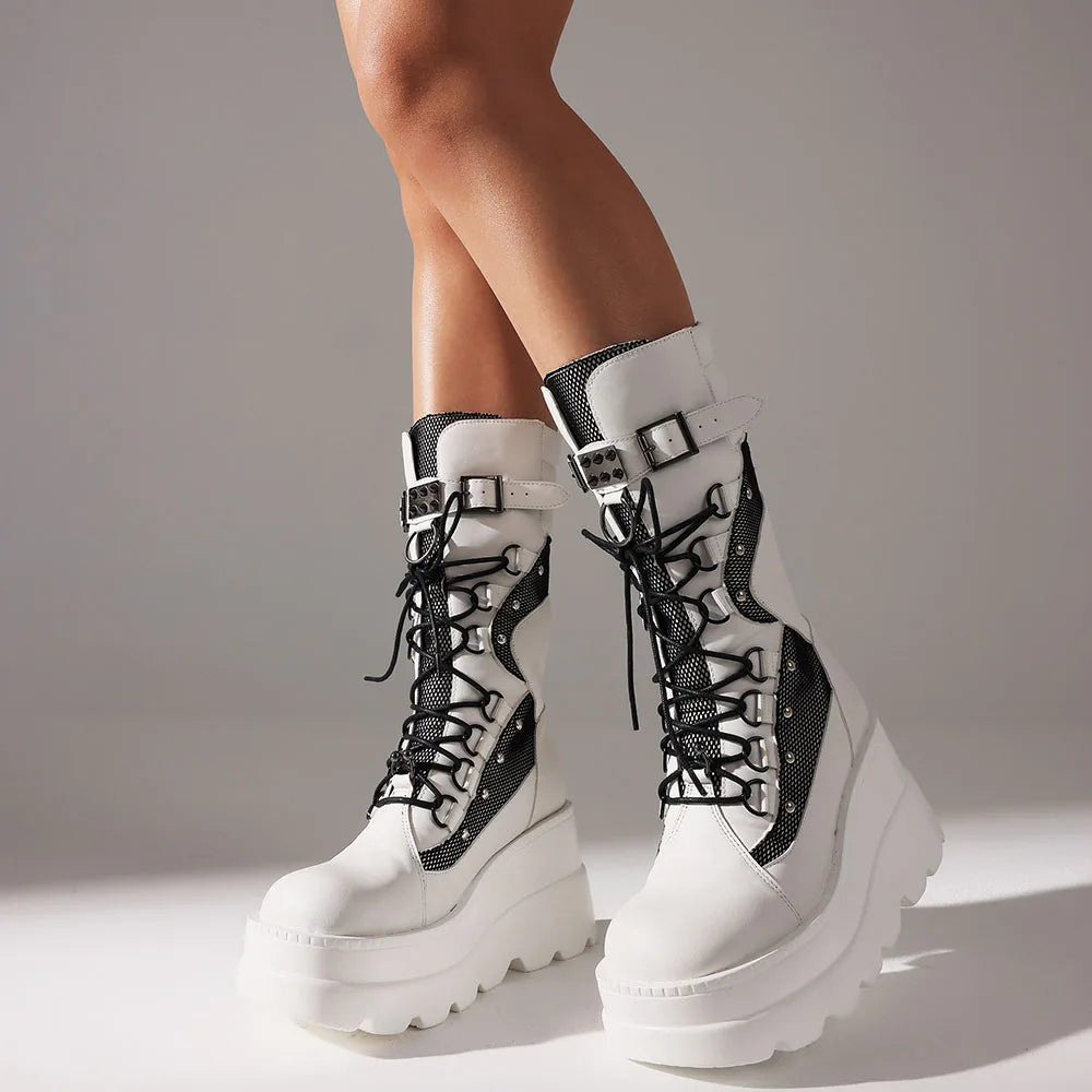 Combat Motorcycle Boots  High Platform Block High Heel Back Zipper Buckle Lace-Up Round Toe Punk Mid-Calf Boots