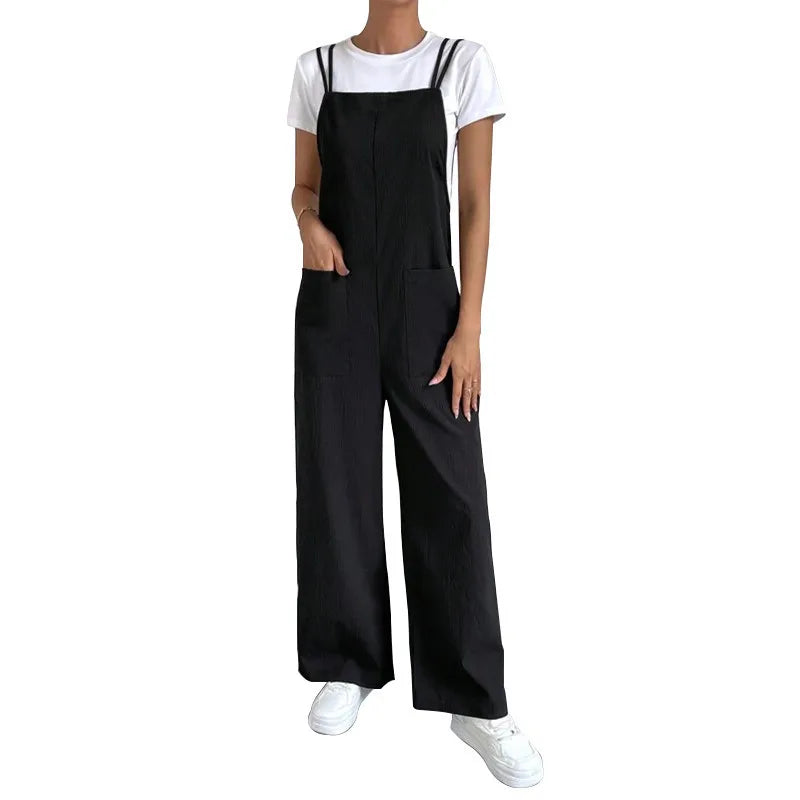 Fashion Casual Women's Solid Black Color Pants Pocket Double Shoulder Thin Straps Straight Overalls Wide-leg Long Pants