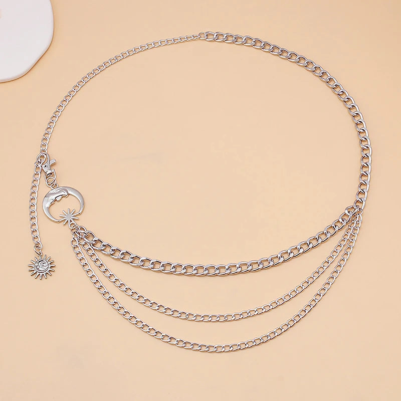 Women Waist Chain Belt for Dress Skirt Belts with Moon Star Waistbands Gold Silver Ladies Clothing Accessories