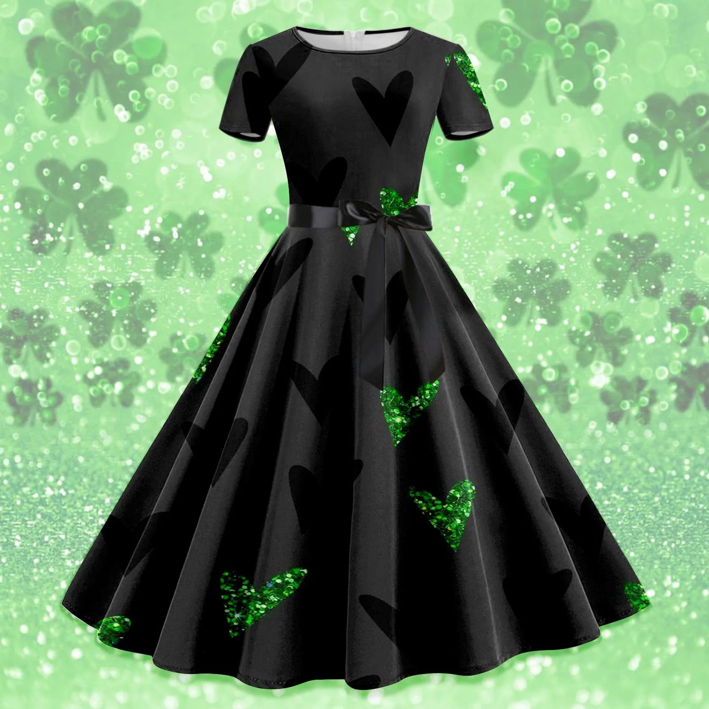 Shamrock Print Women St. Patrick's Day Dress Large Swing Short Sleeve A Line  Dress