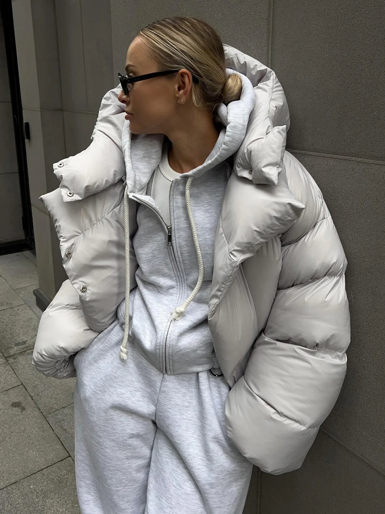 Hooded Jacket Thick Warm Solid Color Streetwear Zipper Loose Down Jacket