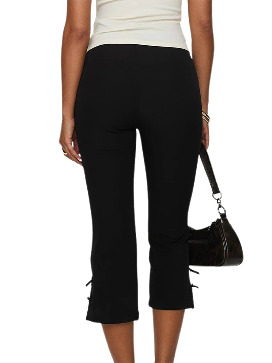 Women High Waist Capri style Pants Solid Color Elastic Waist Split hem Casual Trousers Summer Beach Pants