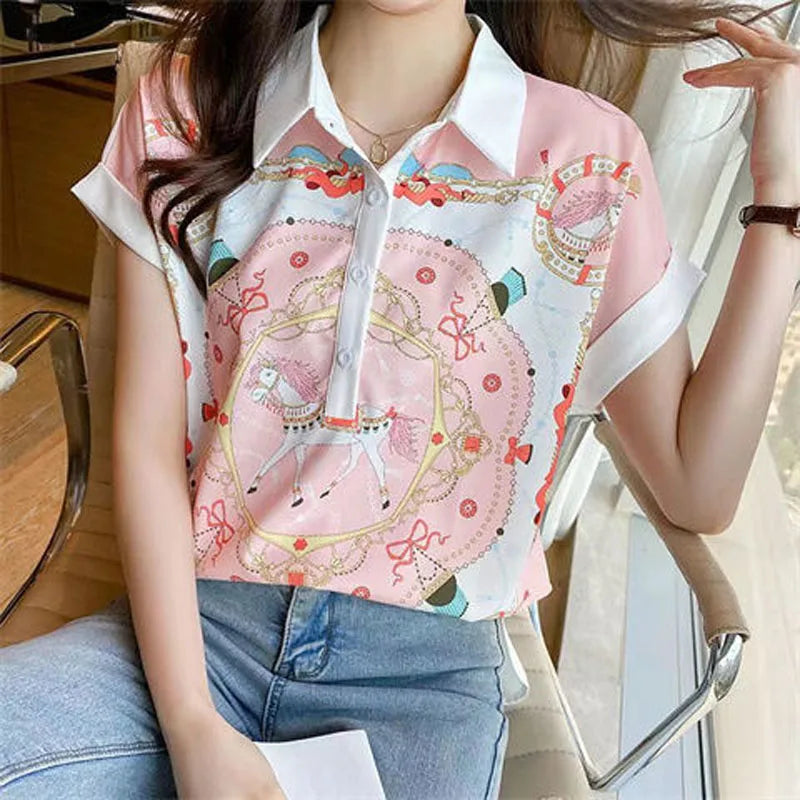 Casual Printed Polo-Neck Chiffon Blouse  Short Sleeve