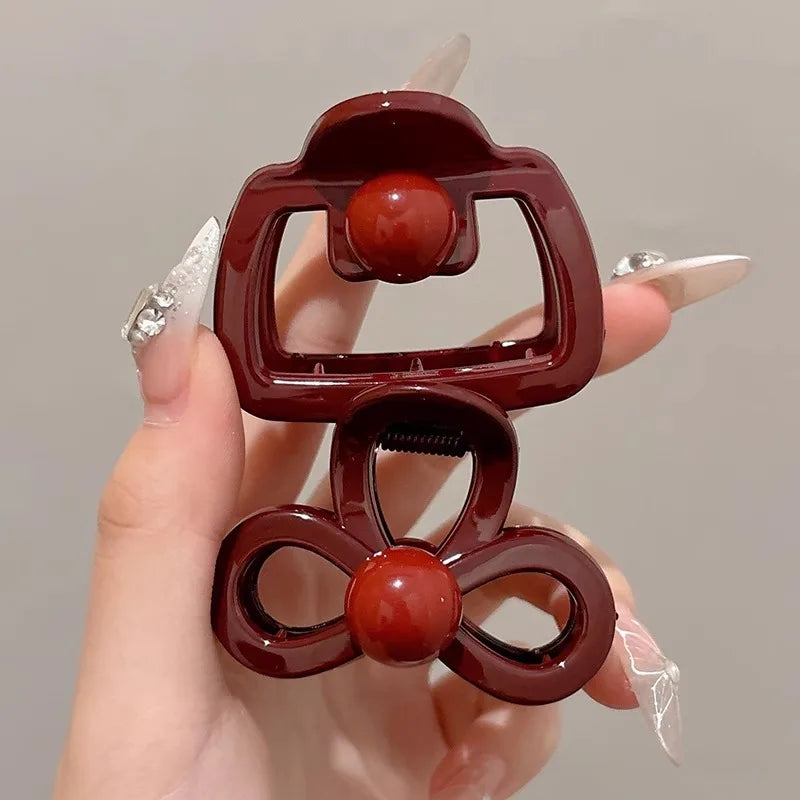 2Pcs/set Vintage Blue Polka Dot Red Bow Hair Clip Shark Claw Clamp Hairpin Barrette Accessory For Women