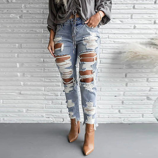 Fashion Streetwear Holes Jeans Women Summer Mid High Waist Distressed Ripped Denim Pants Stylish American Style Jeans Pants
