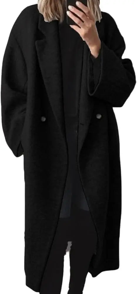Double Breasted faux wool Coat Long Sleeve Notch Lapel Long Trench Coat