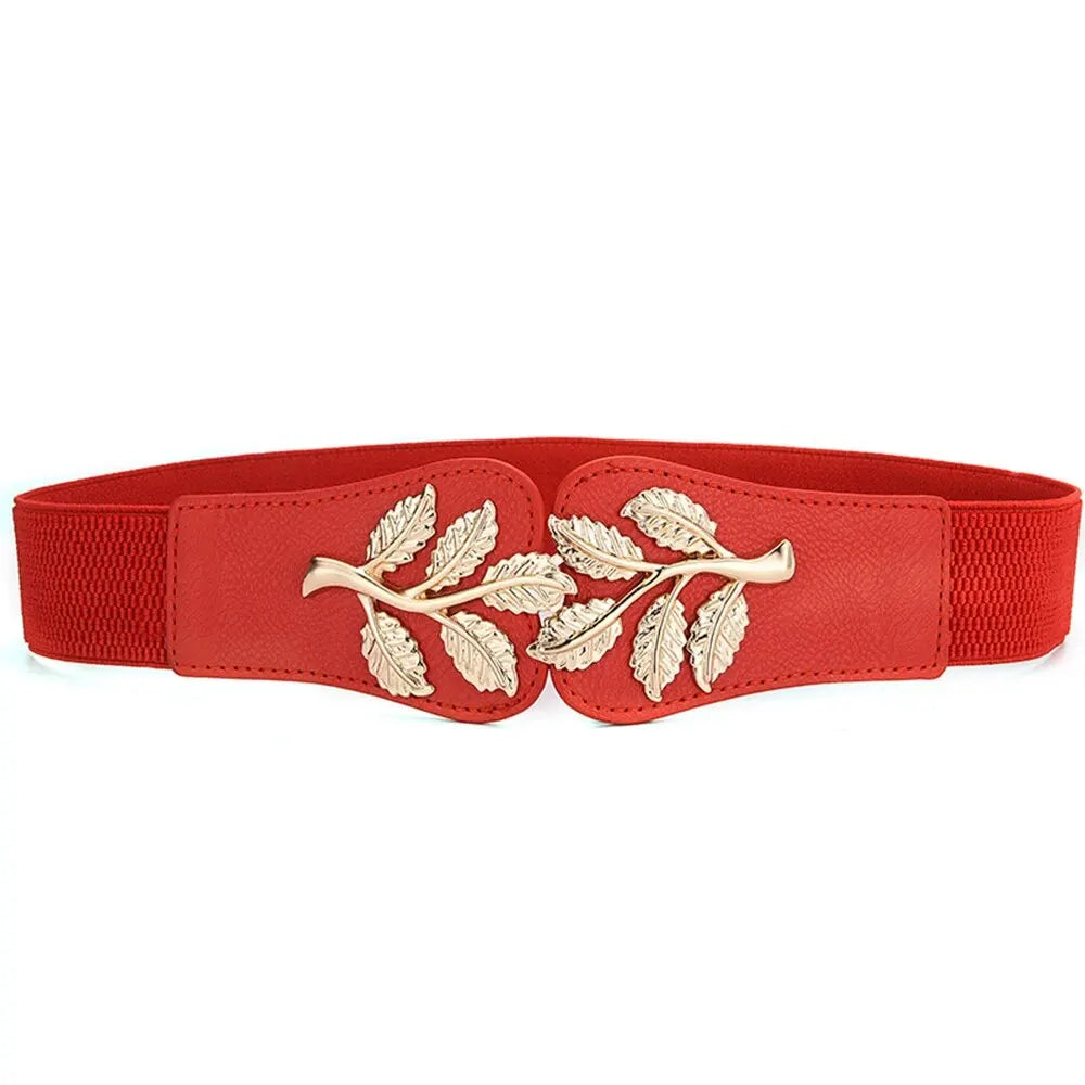 Women's Belt Fashion Waist Cover Golden Leaf Elastic Waist Closure With Double Hook Buckle Wide Belts Paired With Skirt