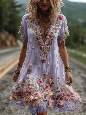 Casual Short Sleeve Stereoscopic Floral Dress Elegant Printed Pleated Banquet Beach Dress Summer New V Neck Birthday Dress