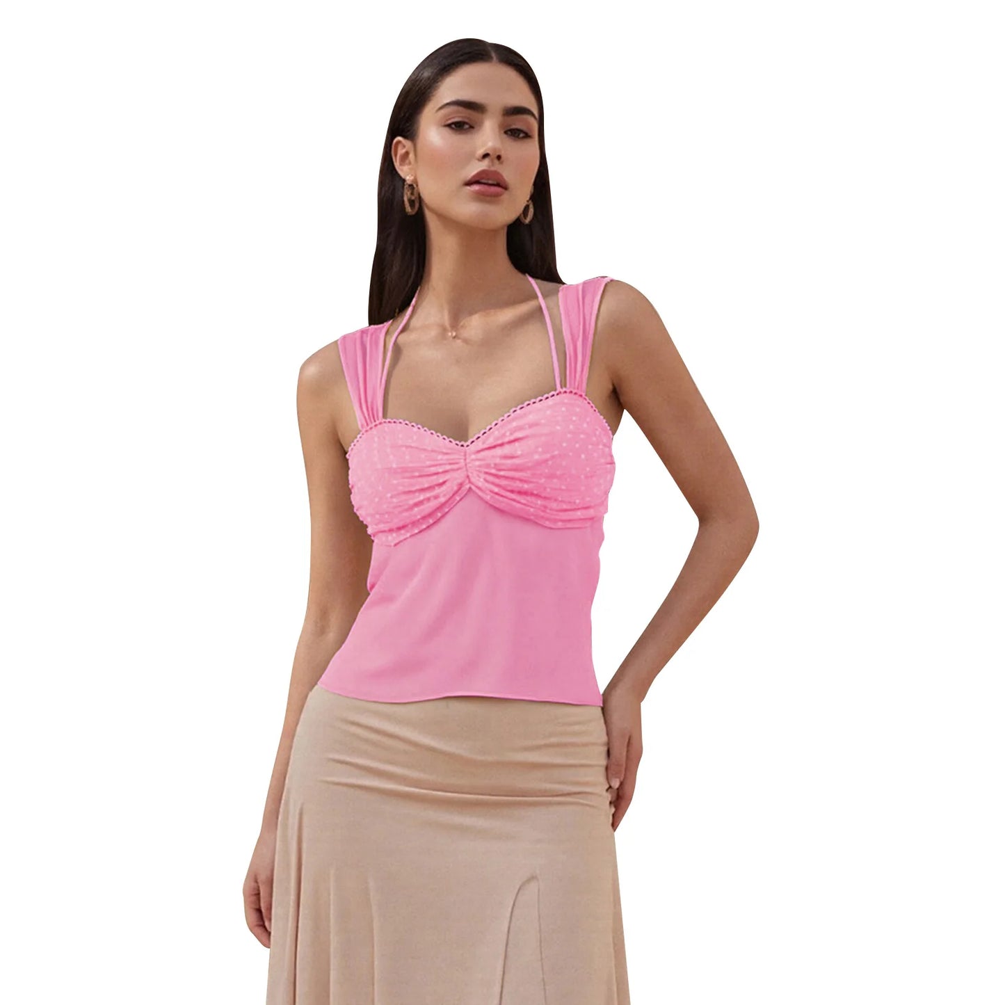 Women s  Mesh Sleeveless Halter Neck  Fit Tank Top with Tie Back Detail - Stylish Summer Shirt for Women