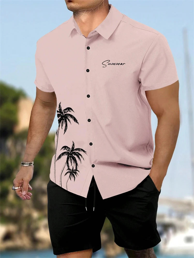 Summer  Men's Short Sleeve Shirt and Shorts 2 Piece Set Fashion Coconut Tree Print Lapel Shirt Beach Drawstring Shorts Set
