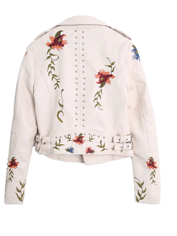 Floral Print Embroidery Faux Soft Leather Jacket Turn-down Collar Casual Pu
