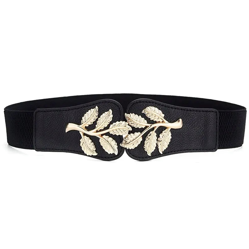 Women's Belt Fashion Waist Cover Golden Leaf Elastic Waist Closure With Double Hook Buckle Wide Belts Paired With Skirt