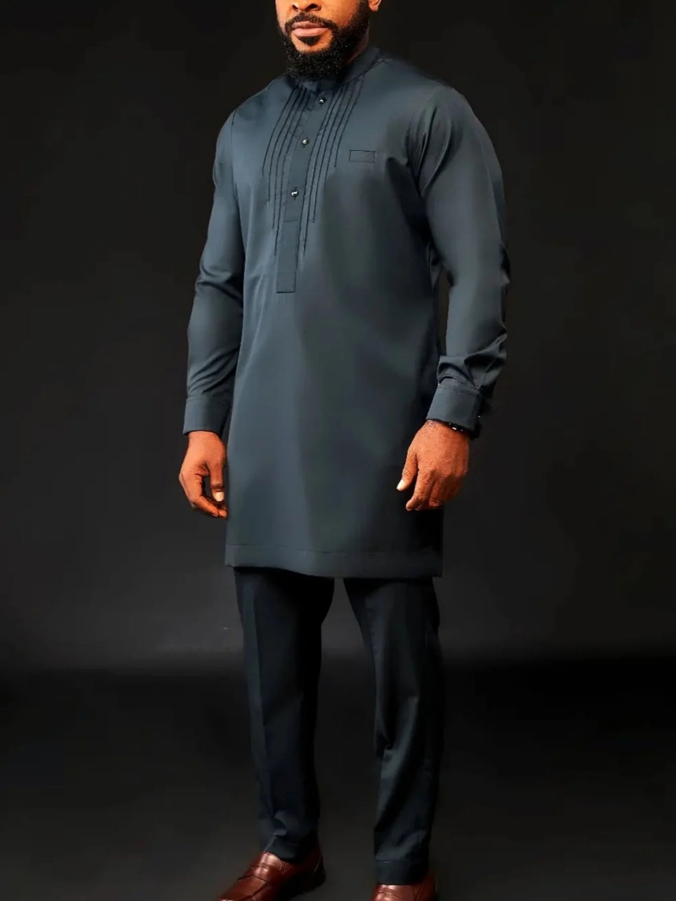 Men's  Wedding 2-Piece Suit Waist Pants Shirt Solid Color Panel Long Sleeve Party African Ethnic Style Clothing