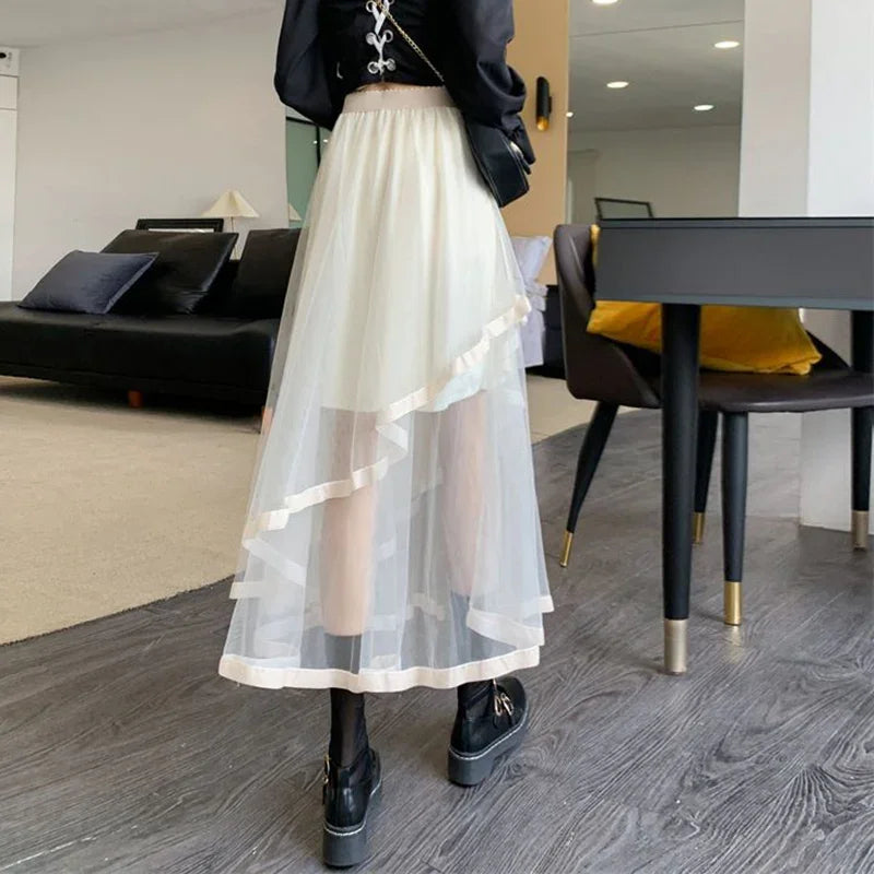 Mesh  A Line Midi Skirt Gothic