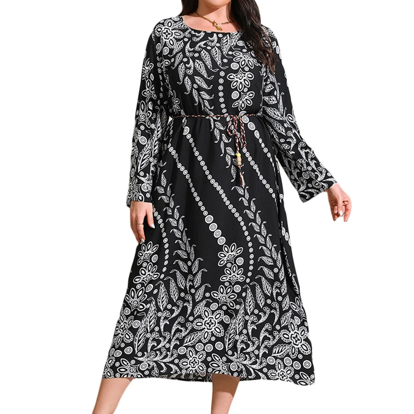 Vintage Floral Print Long Sleeve Maxi Dress O Neck