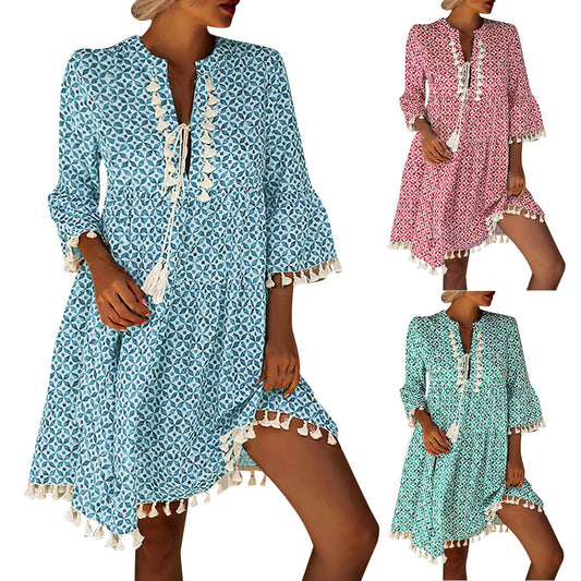 Ladies Lace Trim V Neck Short Sleeve Loose  Dress with Pockets Fashion Women Summer Casual Bohemian Print Dress