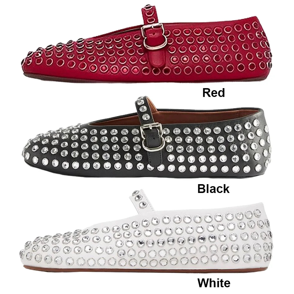 Glitter Shoes with Buckle Strap Rhinestone Ballet Flats Round Toe  Comfortable