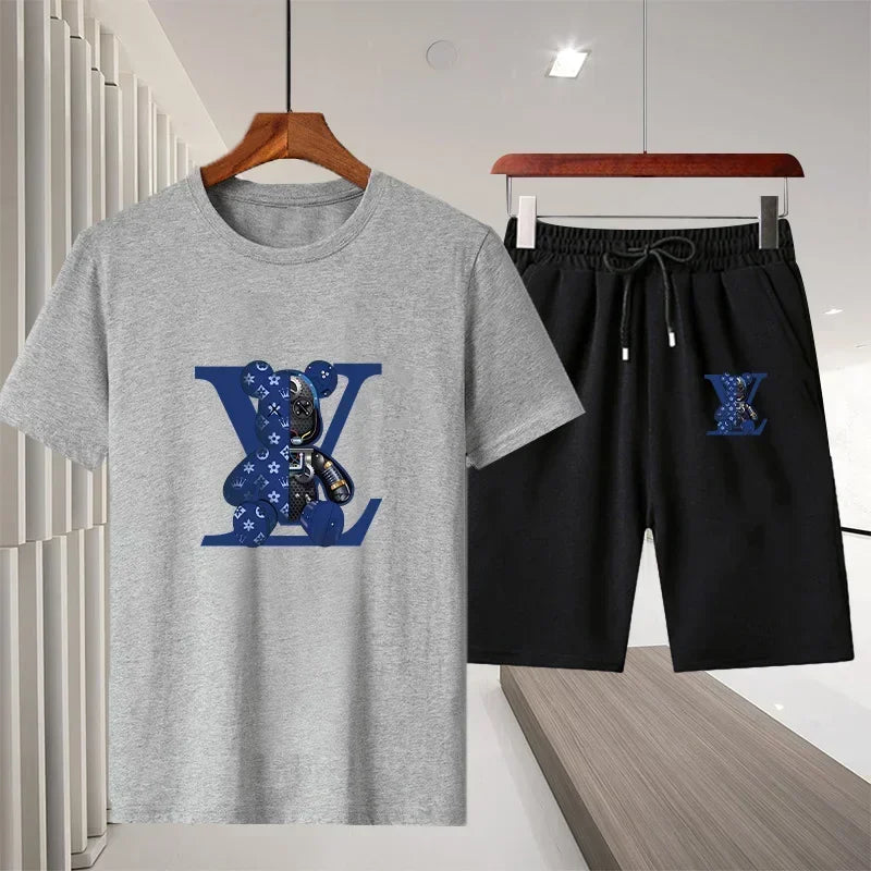 Men's short-sleeved T-shirt sportswear set, summer casual outdoor fashion men's round-neck top + Shorts 2-piece set