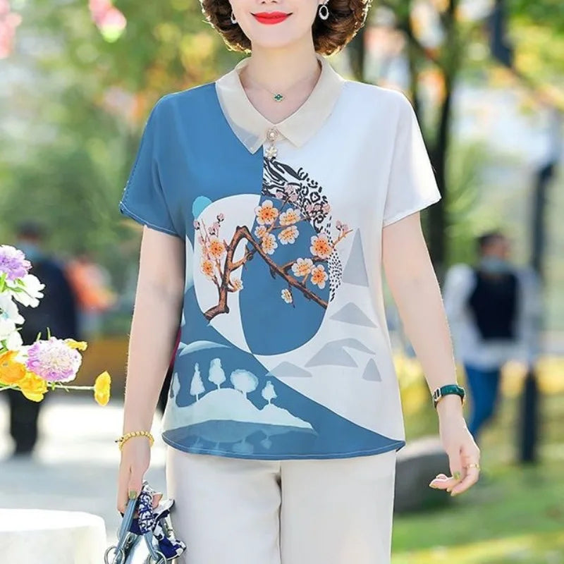 Natural Scenery Printed Peter Pan Collar Lace Beading Short Sleeve Tops