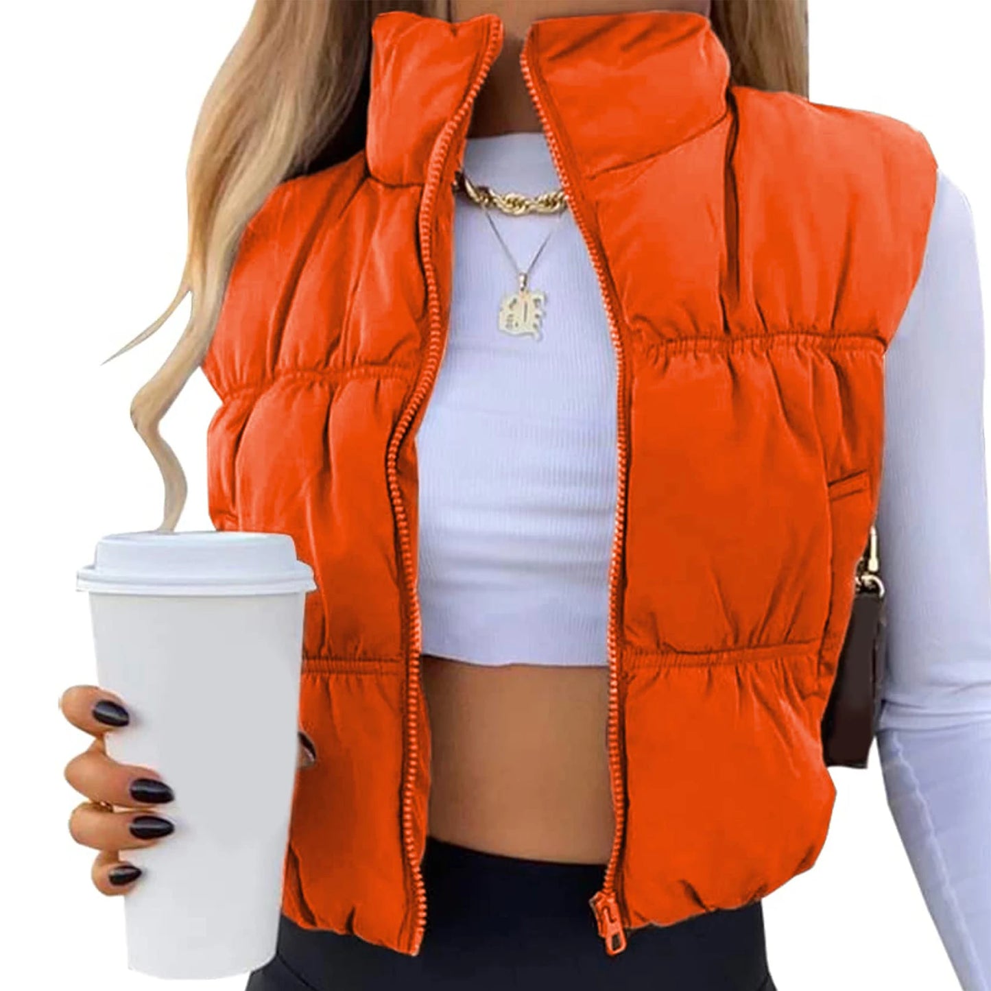 Quilted Waistcoat Solid Color Lightweight Zip Stand Collar Winter Vest Sleeveless Jacket