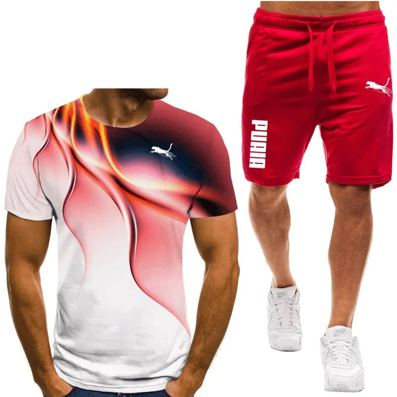 Two piece animal pattern printed men's suit summer casual daily men's short sleeved T-shirt outdoor street men's sports shorts