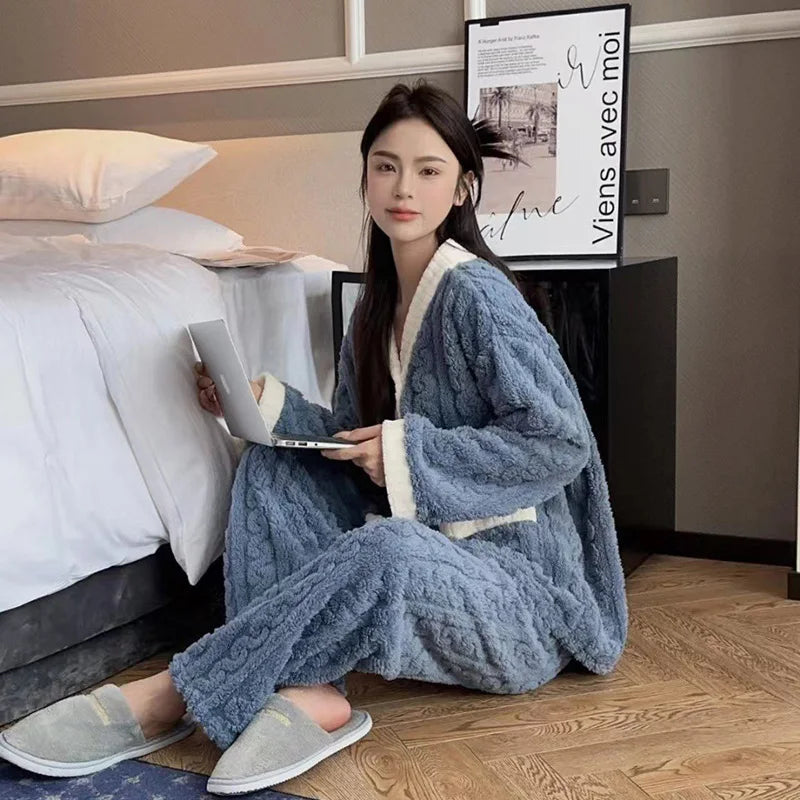 2pcs/Set Autumn And Winter Pajamas Women Thickened Padded Warm Velvet Suit Cardigan Trousers