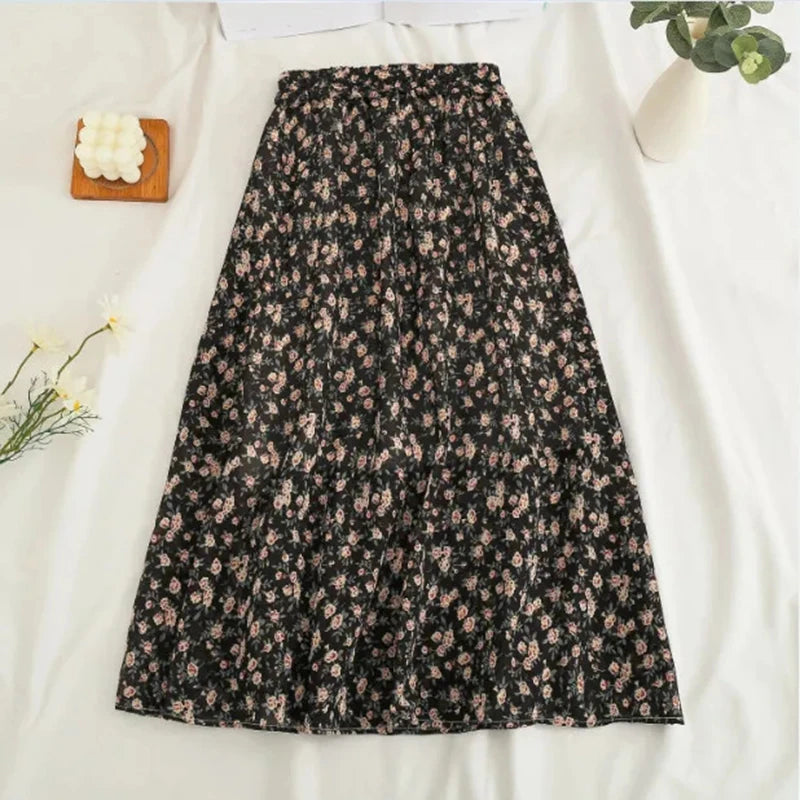 Chiffon Midi Skirt Floral Loose High Waist  Casual  A Line