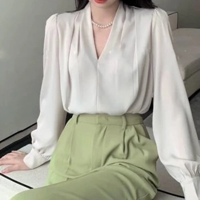 Elegant Fashion Solid Color Bohemian Office Deep V Neck Long Sleeve Tops