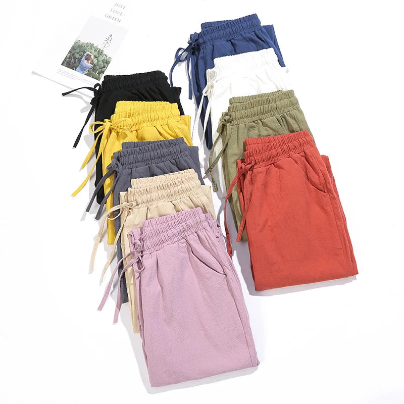 Ankle Length Casual Elastic Waist Harem Thin Cotton Linen Trousers
