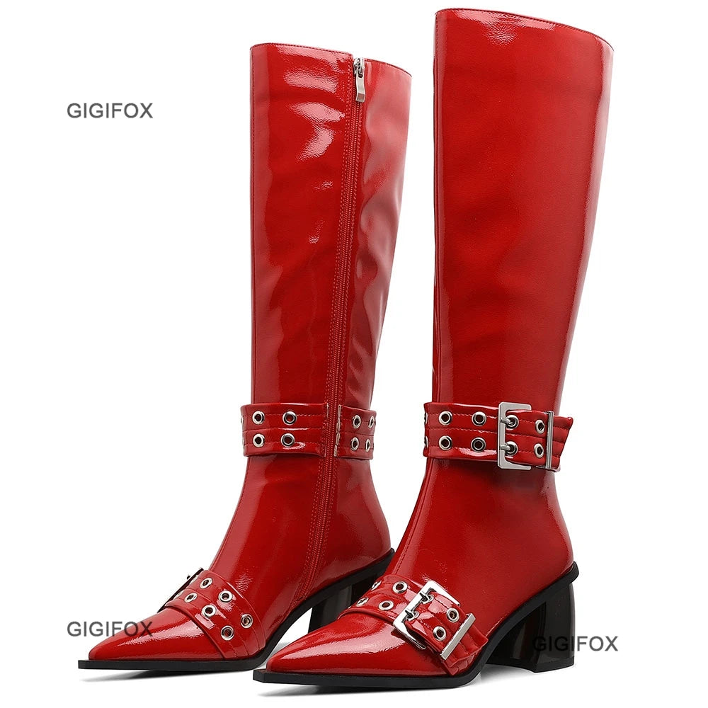 Pointed Toe Women Zipper Knee-high Boots Chunky High Heel Patent Leather Metal Buckle Shoes
