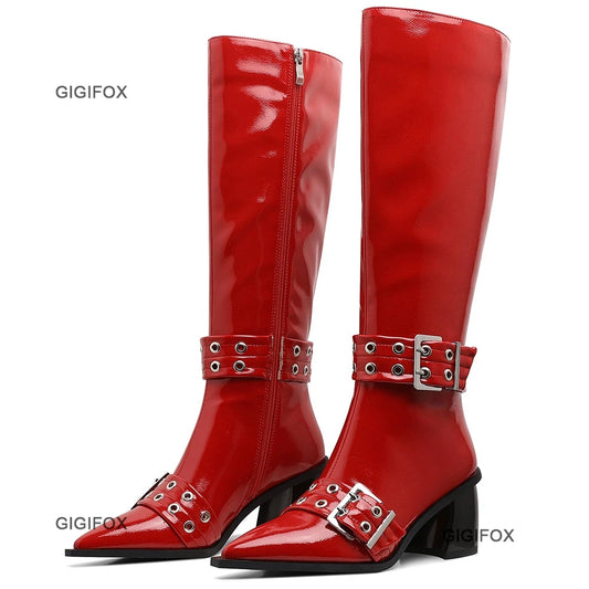 Pointed Toe Women Zipper Knee-high Boots Chunky High Heel Patent Leather Metal Buckle Shoes