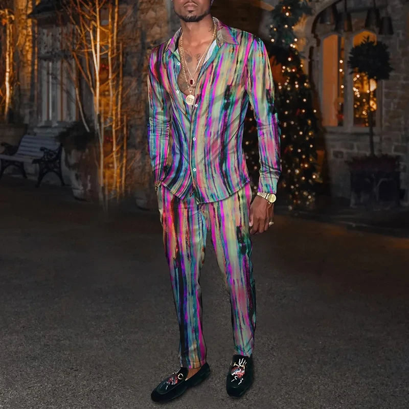 Retro Men's Shirt Suits 3D Luxury Print Fashion Men Casual Breathable Men's Lapel Long Sleeve Shirt Long Pants2 Pcs Set