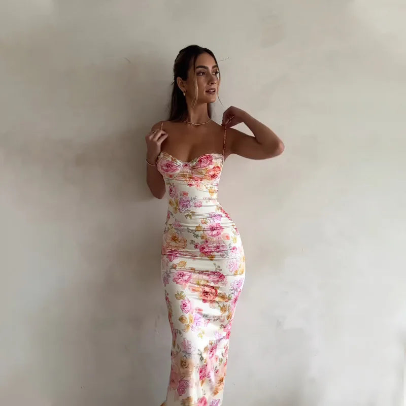 Floral Suspender Split Slim Sleeveless  Beach Style Spaghetti Strap Dress Women Clothes Mini Dress
