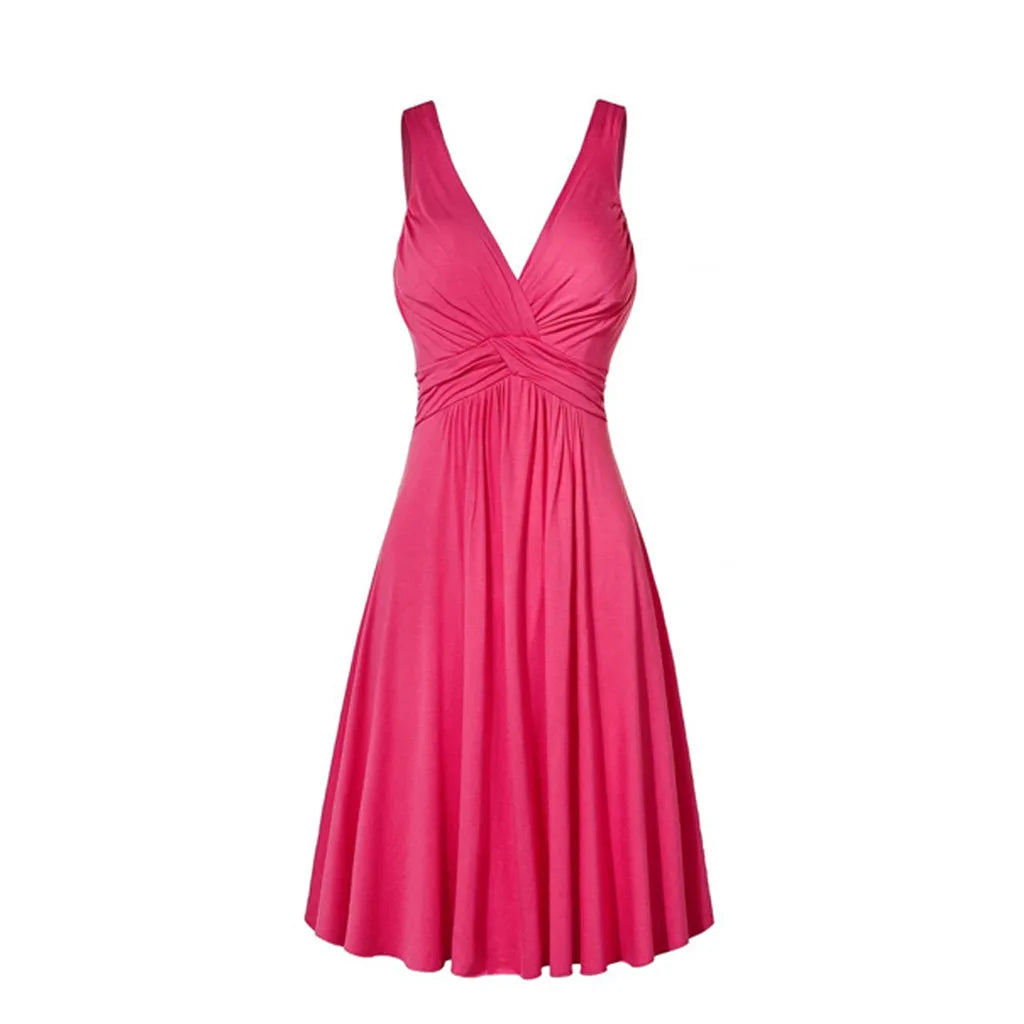 Women Solid Color Deep V-Neck Lady Retro Backless Sling Pleated Dress Wide Band Strap Flare Skirt