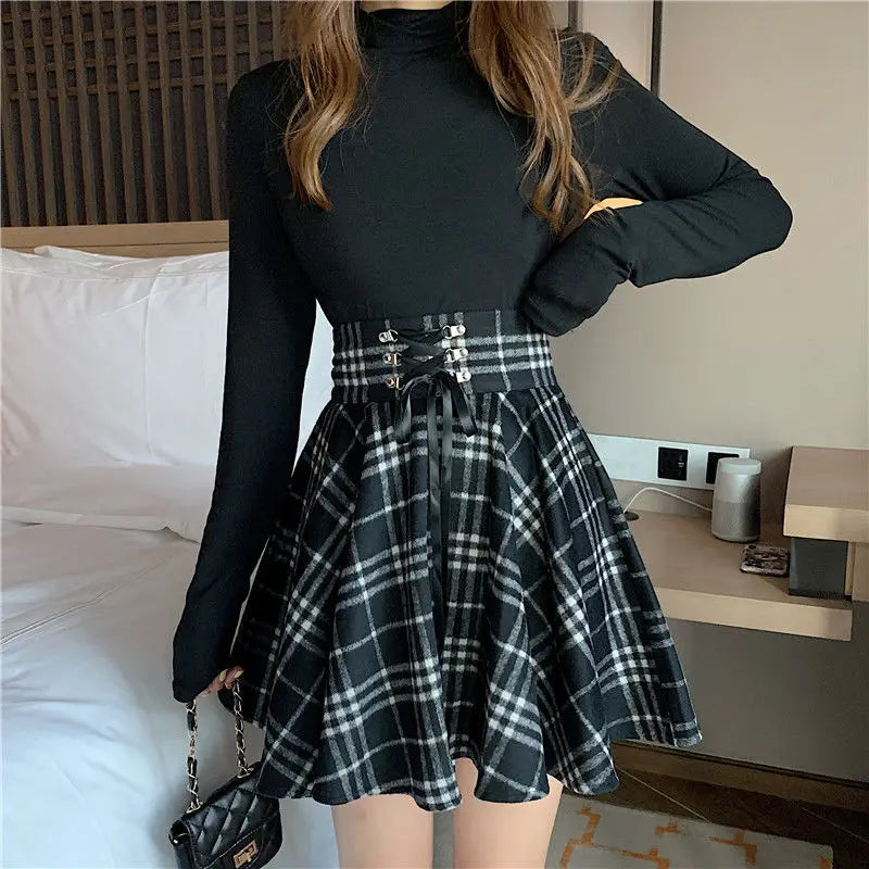 Woolen Plaid  Lace Up High Waist  Mini Skirt
