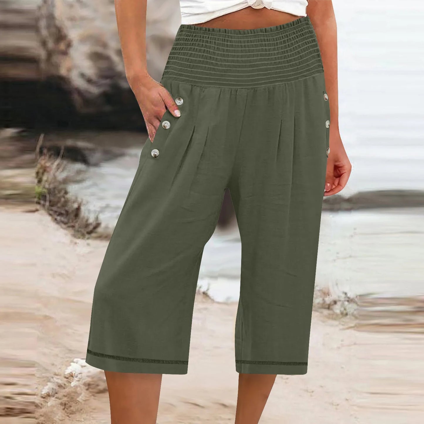 Women Cropped Pants Cotton Linen Baggy Trousers Drawstring Elastic Waist Solid Straight Pants