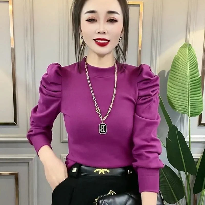 Elegant Stand Collar Solid Color Puff Sleeve Blouse