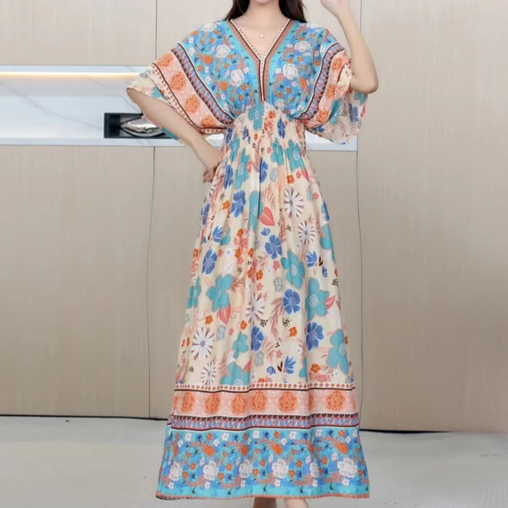 Colorful Flower V-neck Elastic Youthful Bohemian Sweet Midi Dress Woman Clothes Chic Fashion Summer Dresses