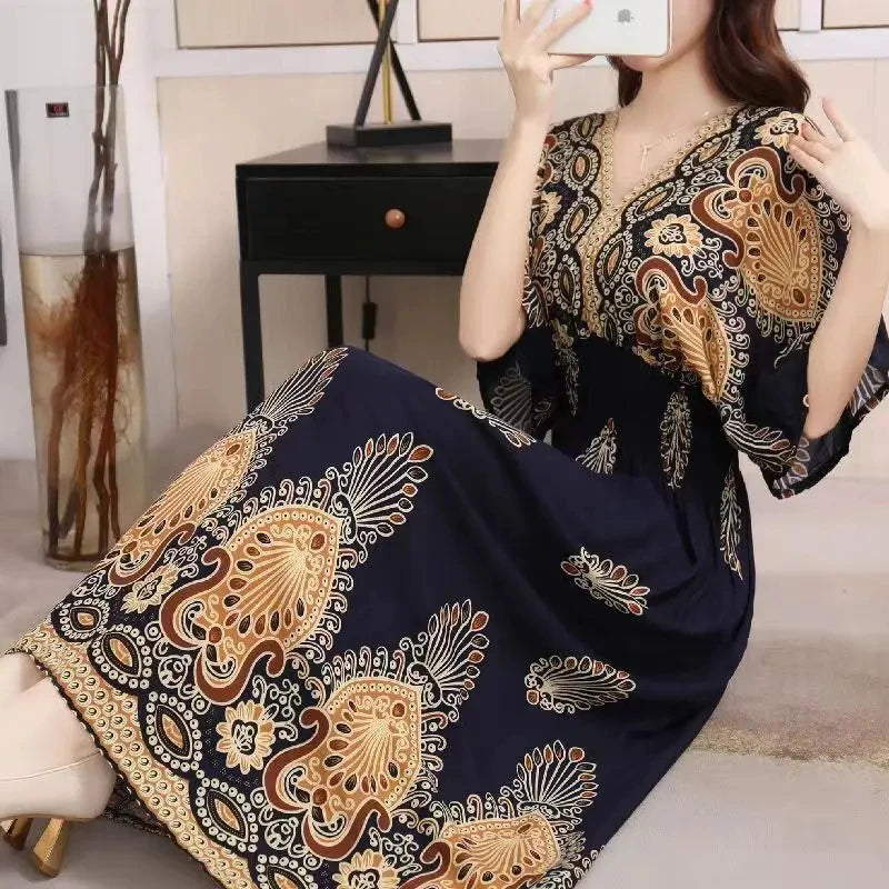 Colorful Flower V-neck Elastic Youthful Bohemian Sweet Midi Dress Woman Clothes Chic Fashion Summer Dresses